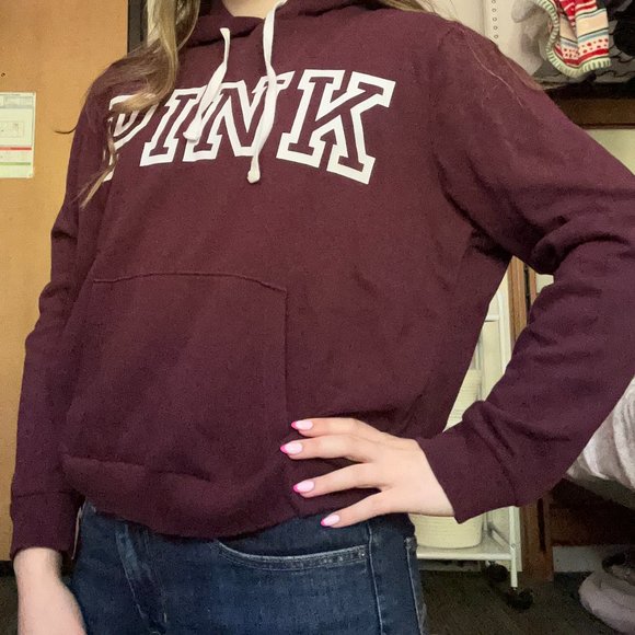 "Pink" Maroon Drawstring Hoodie Logo - Picture 1 of 4